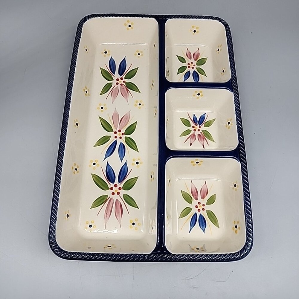 Temptations by Tara Old World 4 Compartment Serving Veggie App Dish Blue Floral